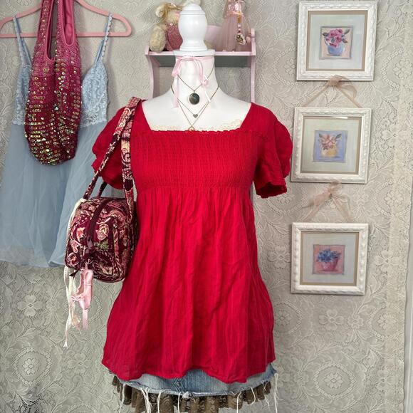 At Last Tops - y2k red valentines day babydoll blouse top
